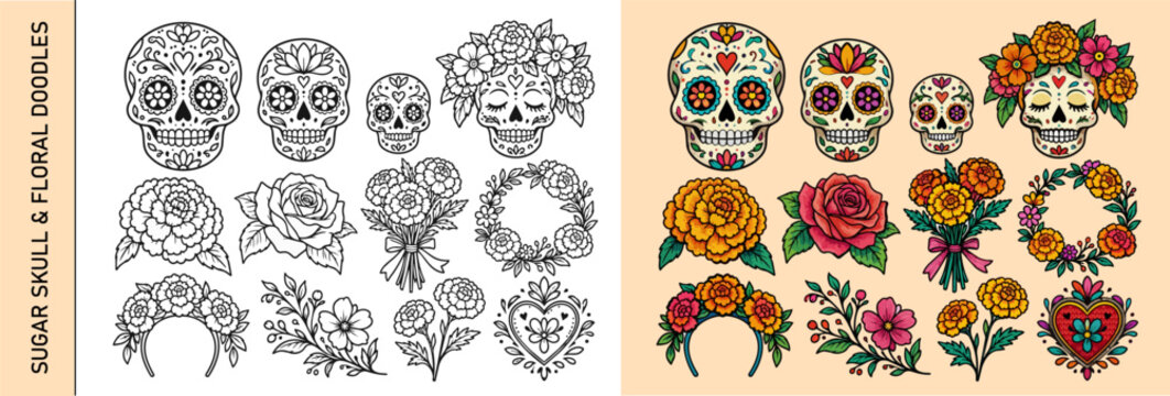 Decorative sugar skull and floral vector elements with marigolds, roses and folk ornaments
