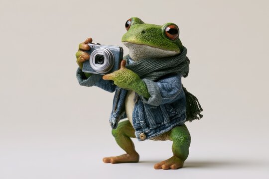 Studio portrait of a cheerful frog wearing hipster clothing and posing with a camera