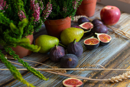 Seasonal fruit arrangement with whole and halved ripe figs (Ficus carica), green pears, purple plums and a red apple on aged wooden boards. Flowering heather and dried wheat stalks complement the colo