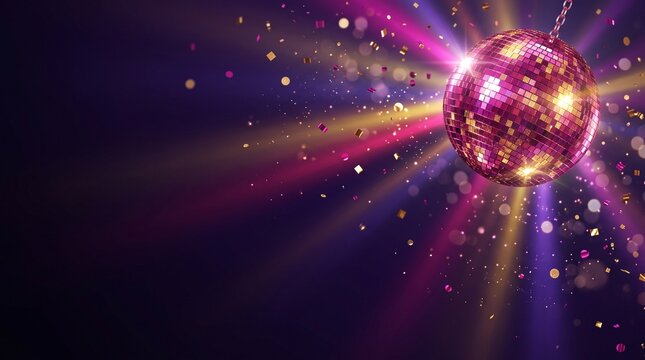 Pink and gold disco ball casting bright party lights across a dark, spacious background