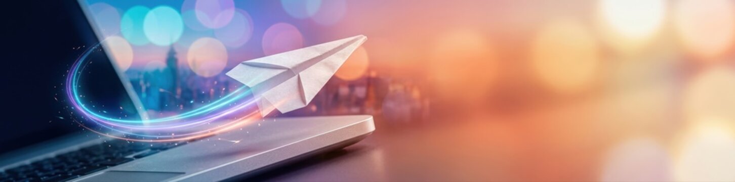 Glowing paper airplane taking off from a laptop keyboard against a city skyline with bokeh lights