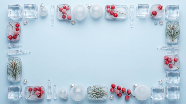 Winter holiday frame with ice cubes, frozen red berries, fir branches and generated using ai