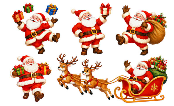 Vintage clip-art set featuring cheerful, detailed Santa Claus characters juggling presents, waving, carrying a gift sack, and riding a reindeer-drawn sleigh on a transparent background