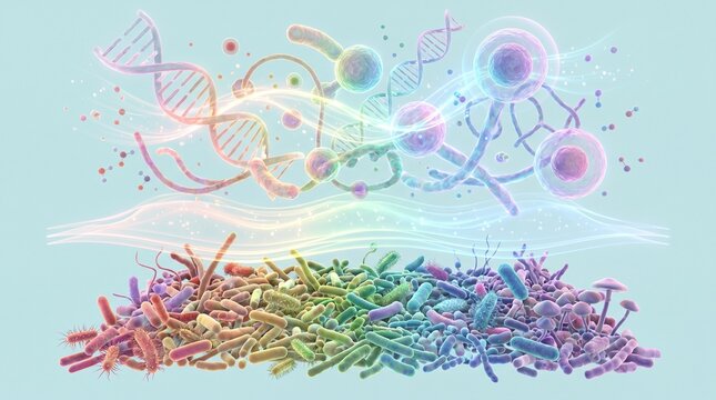 Scientific Diagram Visualizing Gut Microbiome Spectrum Connecting Bacteria to DNA and Immune Cells