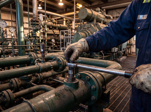 Oil worker maintain pipeline valve at industrial facility