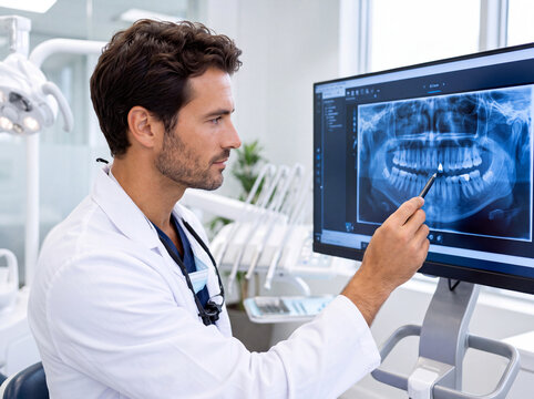 Dentist examining dental x-ray on computer monitor