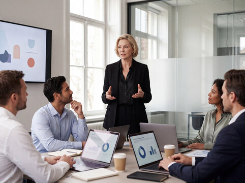 Senior businesswoman lead corporate team meeting in office