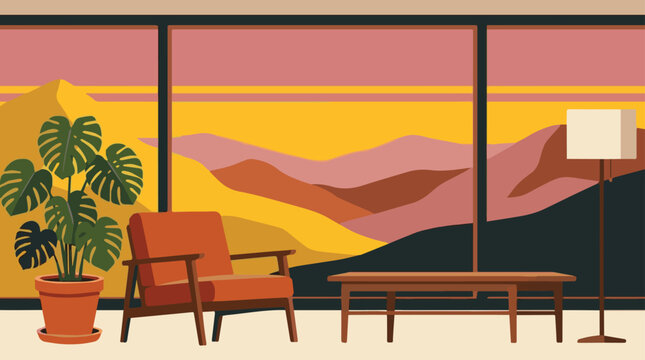 mid century modern living room interior vector illustration featuring warm color palette with orange armchair wooden coffee table houseplant and mountain view