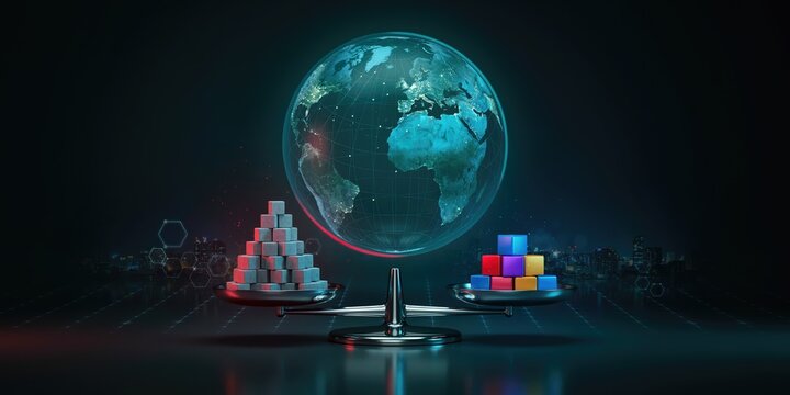 A balance scale weighing a pyramid of gray cubes against a small stack of colorful cubes, positioned beneath a glowing digital globe
