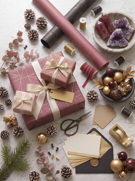 Luxury Christmas gift wrapping flat lay with pink presents