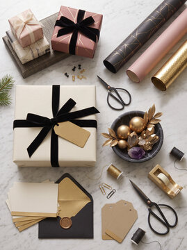Luxury gift wrapping supplies with elegant boxed presents
