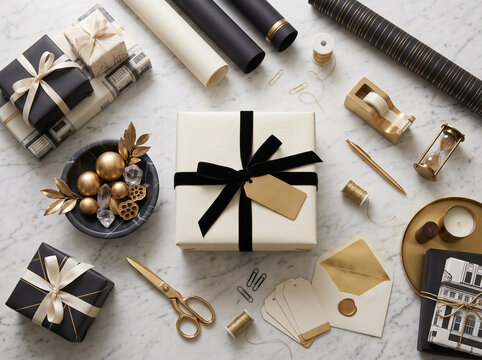 Luxury gift wrapping supplies on marble flat lay