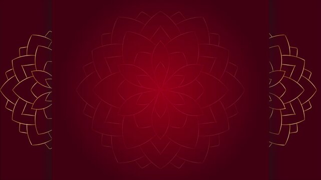 Animated dark red luxury background loop with glowing center mandala and rotating golden lotus side borders