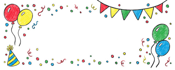 Crayon drawn party banner frame with balloons and party hat isolated on transparent background. Childish doodle frame design ideal for website headers, birthday greeting cards, and party announcements © Iryna