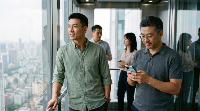 Colleagues Riding a Glass Elevator Up an Office Tower