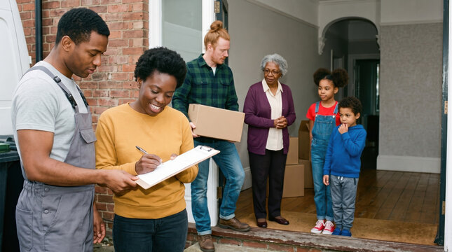 Signing paperwork with removal workers