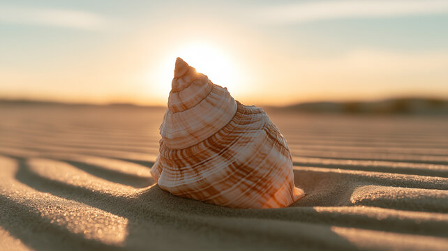 A white and brown striped conical seashell sits nestled in rippled desert or beach sand. the shell's spiral form rises to a sharp point. Ai generat