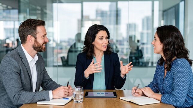 Business professional explain complex concept to colleagues