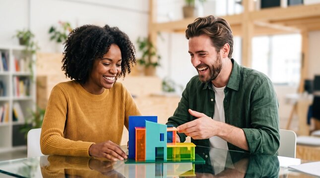 Colleagues examine architectural model in modern workplace
