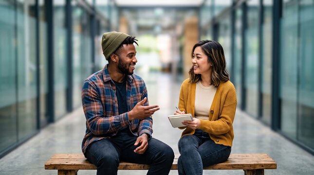 Coworkers share casual discussion in modern office corridor