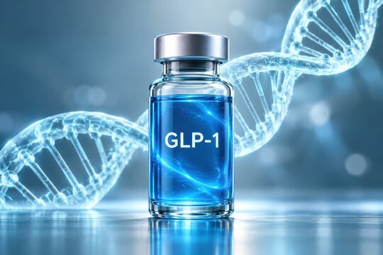 GLP-1 Therapy Vial: A pharmaceutical vial labeled GLP-1 sits elegantly in the foreground, its blue liquid reflecting light, while a glowing, translucent DNA helix spirals behind it.