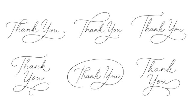 Six elegant gray calligraphic "Thank You" designs in cursive scripts with decorative flourishes on a transparent background, ideal for wedding stationery, invitations, greeting cards, and printables
