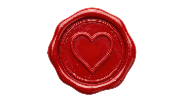 Heart wax seal, photorealistic round red wax seal embossed with a crisp heart symbol, rich glossy wax texture and irregular handcrafted edge, top-down macro view, tack-sharp focus, ultra-detailed 8K