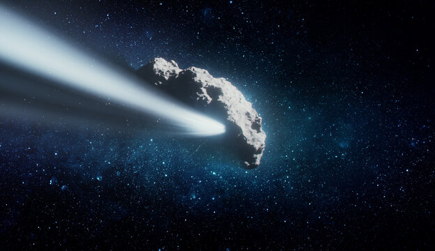 Comet, asteroid, meteorite flying on the background of the starry night sky. Glowing asteroid and tail of a falling comet. Elements of this image furnished by NASA.