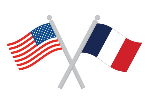 USA vs France Crossed Flags on Flagpoles