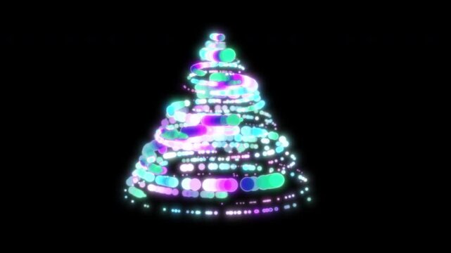 Glowing particle cyan and pink neon light spiral Christmas tree background with dark space for holiday design