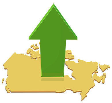 3D illustration symbolizing Canadian economic growth, financial recovery, market increase, and success with a green up arrow on a golden map of Canada (cut out)