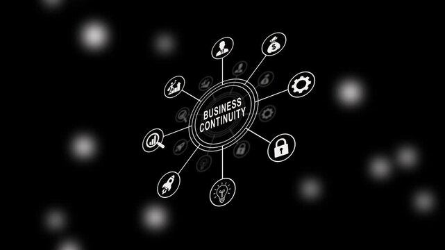 Business continuity concept animation with digital network diagram infographic featuring management corporate strategy symbols, and planning on black background