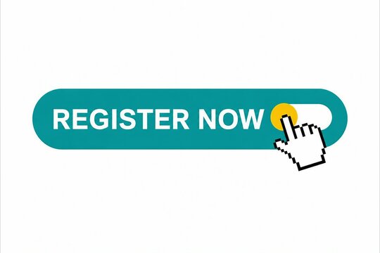 Hand clicking colorful register now button with cursor icon