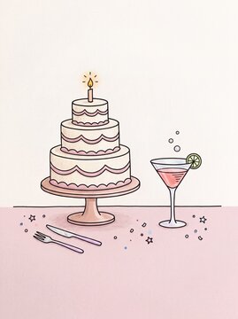 Tiered Birthday Cake with Lit Candle and Cocktail on Table with Copy Space for Party Invitation and Greeting Card Background