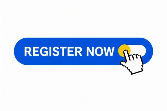 Blue register now button with click animation and cursor