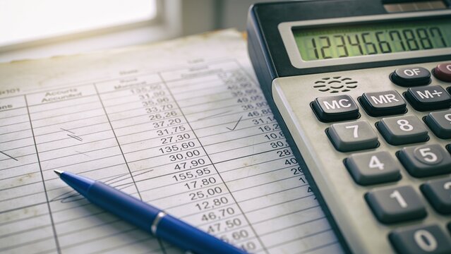 Sitting grey calculator showing LCD digits at desk by window with ledger and pen, copy space