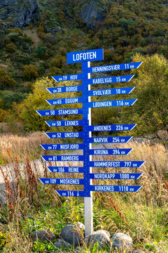 Distance signpost with numerous destinations in northern Norway. Orientation and destinations in the Lofoten Islands