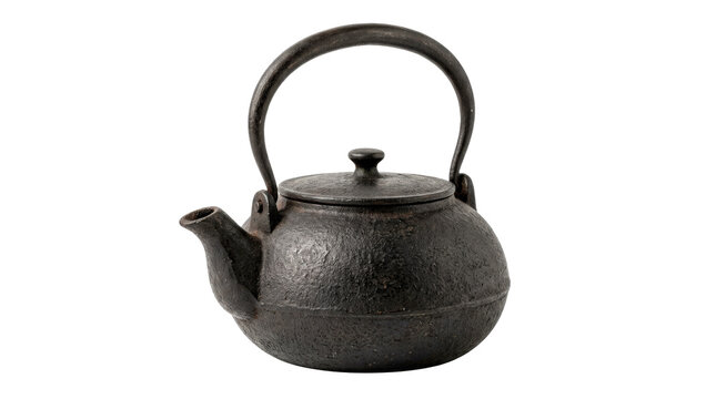 Dark cast-iron teapot with rounded body, textured matte surface, arched handle and fitted lid, traditional heavy tea-brewing vessel with timeless rustic appeal; photorealistic product photography,