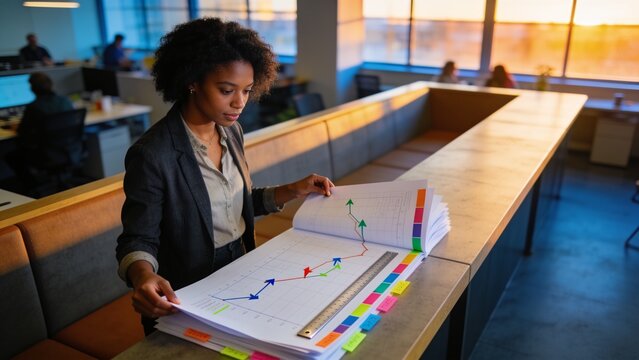 Reviewing businesswoman wearing dark blazer at office bench, studying large charts and metal ruler