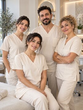 Professional beauty therapists standing together in a bright modern salon