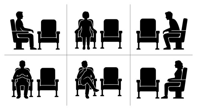 Audience silhouettes set with people sitting in chairs, cinema, theater or event attendance for logo and signage