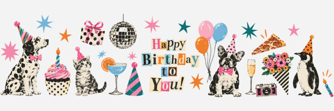 Happy birthday halftone art collage cut outs set. Fun stickers with vintage dot texture and doodles, animals wearing party hats, champagne, cheers and cake Modern retro mixed media vector illustration