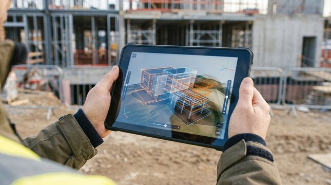 Close-up of civil engineer holding a digital tablet with 3D building architectural model at a construction site