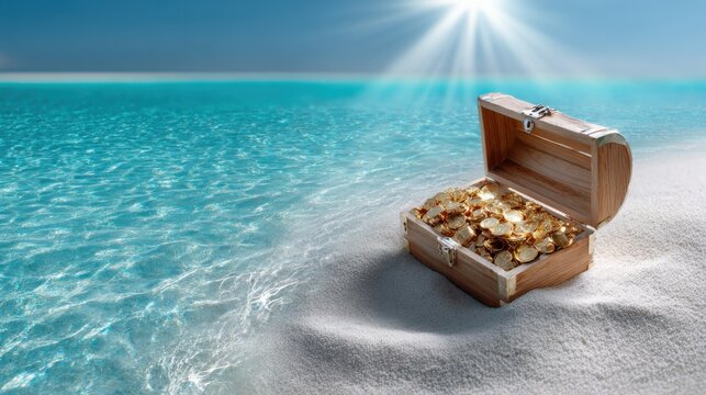 Treasure Chest on White Sand Under Turquoise Water