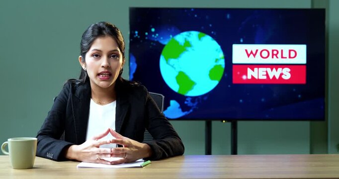 Young Indian female news anchor presenting world news in a TV studio with a large screen behind her, covering international affairs, global events and breaking headlines.