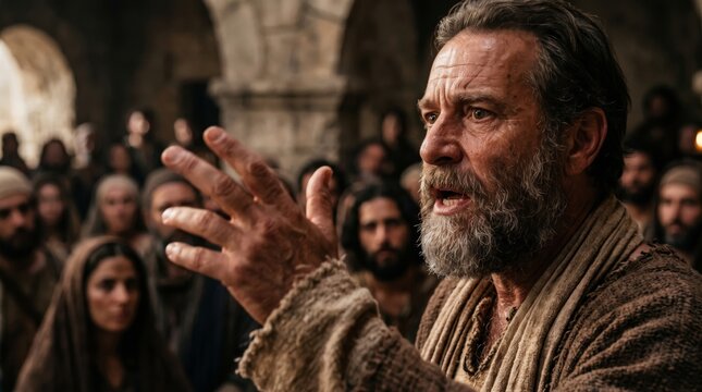 Jesus Christ addressing a gathered crowd in a stone interior. Biblical teaching and Christian faith. Catholic religion and scripture. Religious storytelling and spiritual guidance.