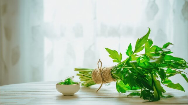 Fresh lovage herb bundles tied with twine on wooden table, ceramic bowl with leaves, bright airy kitchen still life