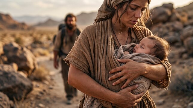 Mary holding the infant Jesus in a rocky landscape. Nativity scene with Joseph in the background. Christian faith and Catholic tradition. Biblical family and Christmas story.