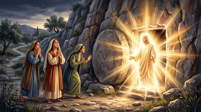 Jesus Christ appears to three women at the empty tomb. Biblical resurrection story and Easter Christian faith. Catholic religious illustration. Gospel scene of hope and salvation.