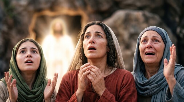 Three women looking upward in a biblical scene with Jesus in the background. Christian faith and religious devotion. Gospel story, Catholic tradition and worship. Biblical drama.
